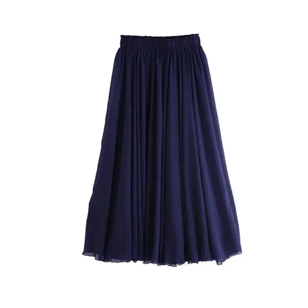 Ladies Summer Wear Navy Blue Elastic Waist Pleated Pattern Long Chiffon ...