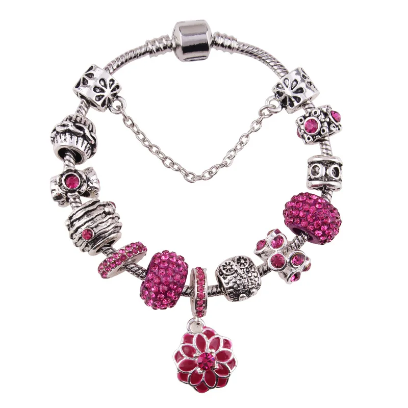 The Crystal Glass Beads Heart Love Beads Rose Flower Charms Bracelets With Safety Silver Chain For Girls & Women Gift