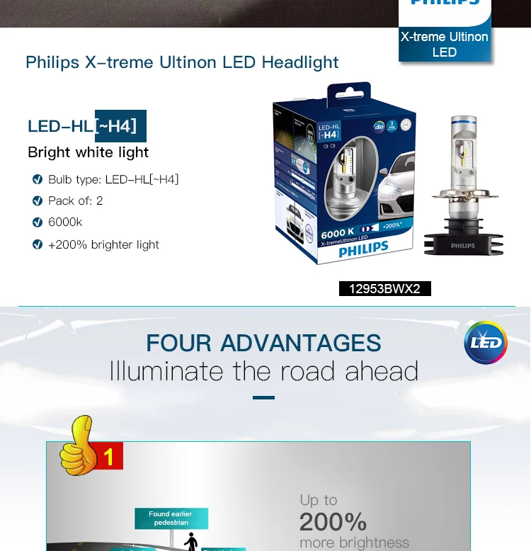 Details about  / H4 PHILIPS X-treme Ultinon LED Bulbs 12953BWX2 Hi//Low Beam 6000K Up to 200/%