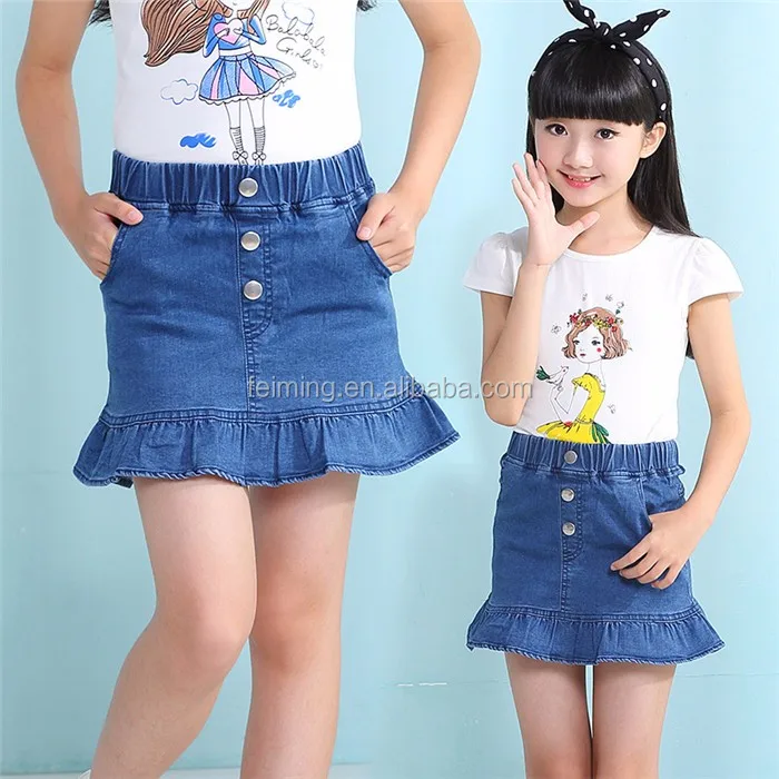 Js190g Little Girls Modeling Ruffle Blue Denim Jean Skirt Summer