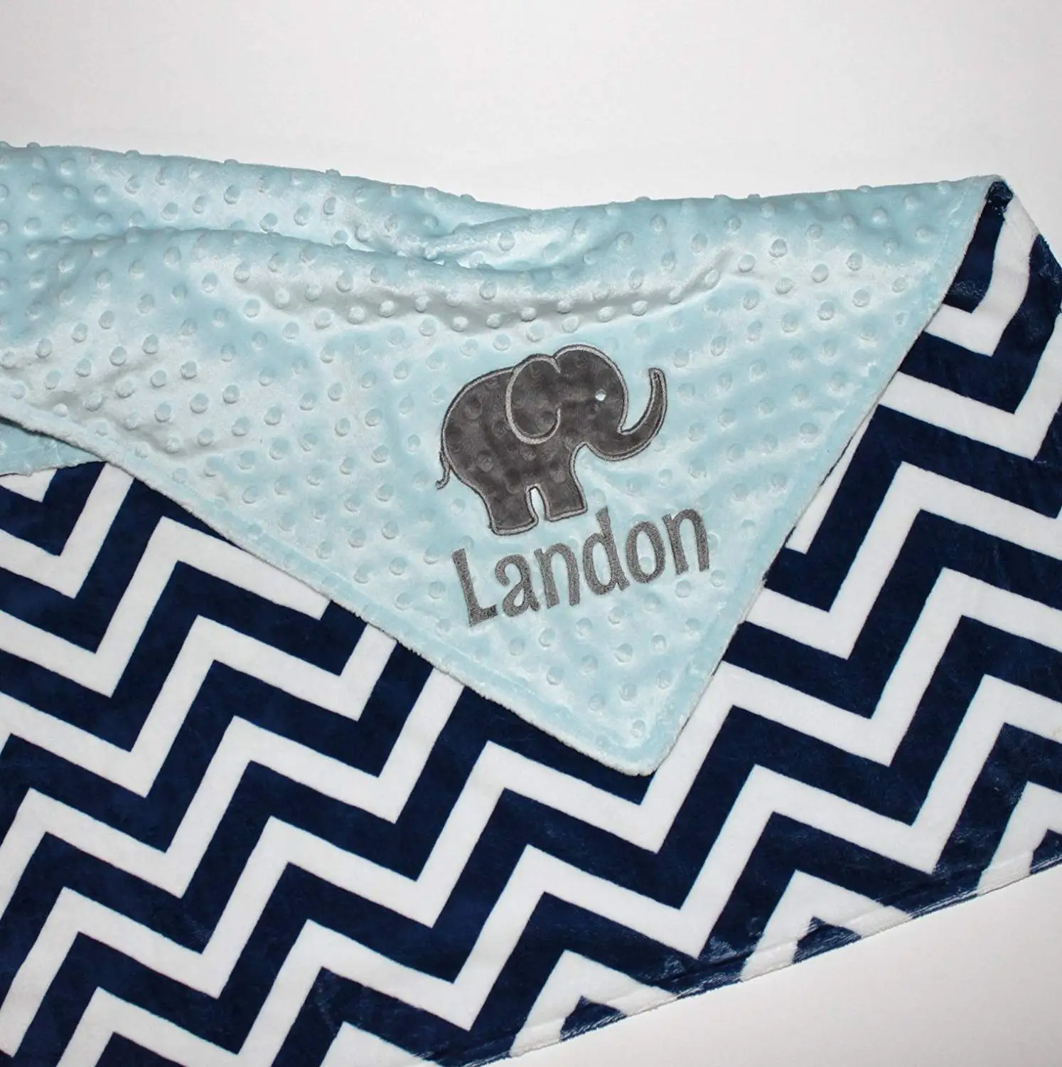 Custom Baby CHOOSE YOUR COLORS Personalized Elephant Double Minky Baby Blanket with Elephant Applique Gray Chevron and Midnight Navy Blue
