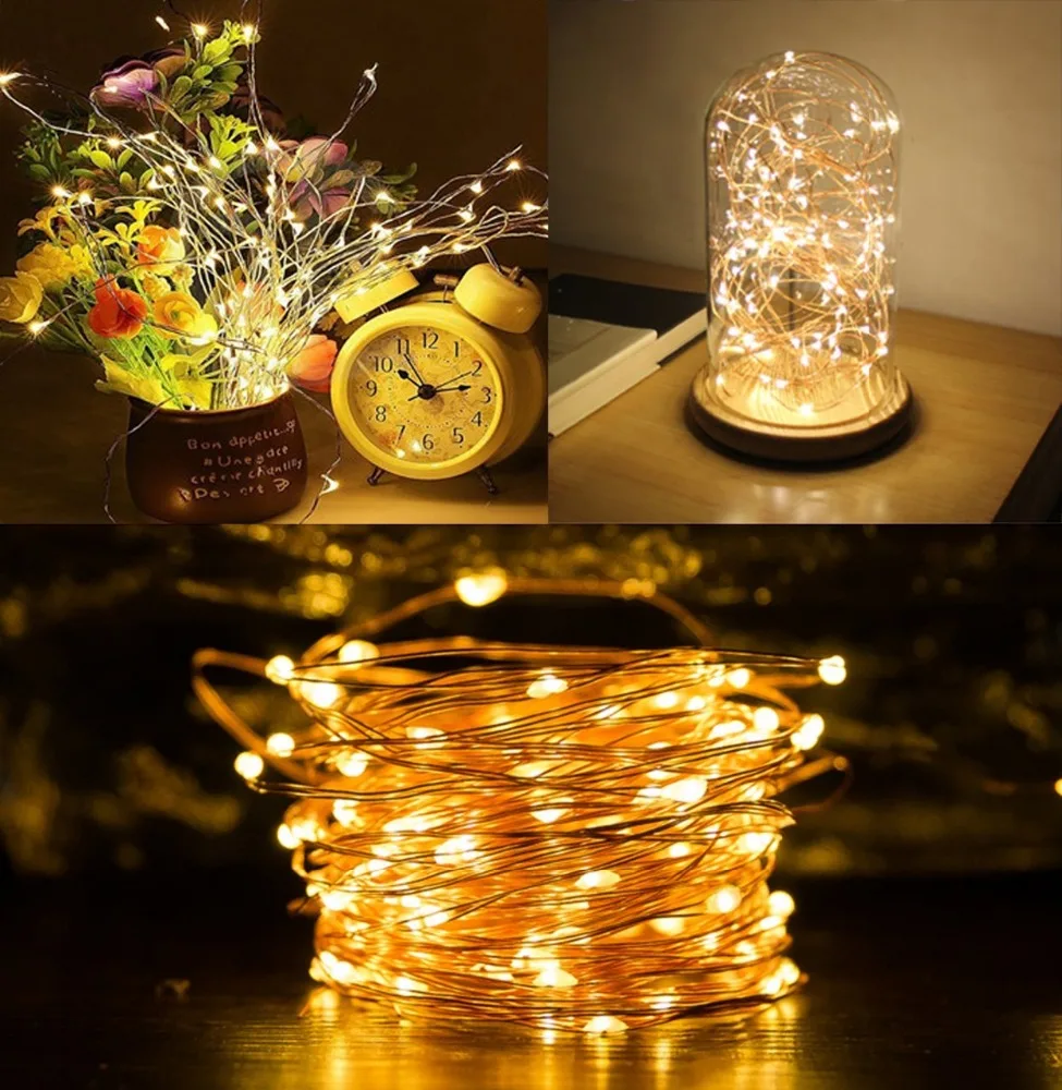 Hot sale low power consume solar powered rope string bulb copper firefly outdoor white Christmas lights