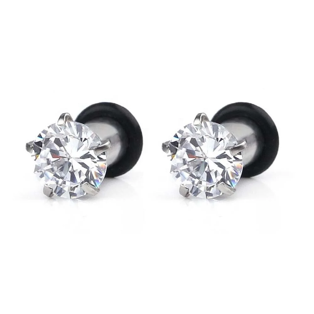 Pair Stainless Steel Single Flare Ear Tunnel Plugs Expander Ear Gauges Clear CZ