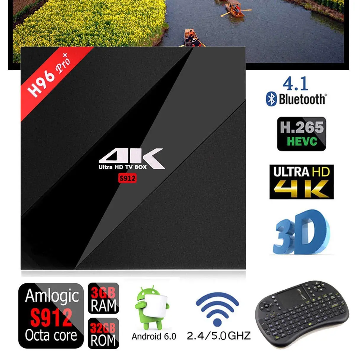 Mocei Hot H96 PRO+ 16G 32G Bluetooth 4.1 HD Android Smart TV Box WiFi Amlogic S912 3G+16G with Air Mouse
