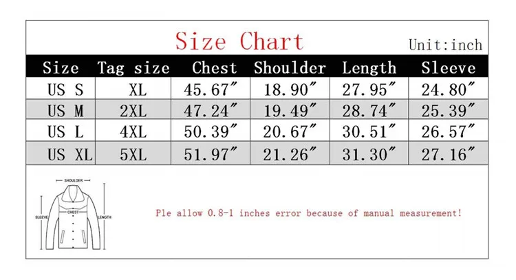Waterproof Jacket size chart