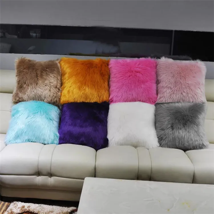 Trendy Square Faux Fur Pillow Cushion Bolster Long Hair Pillow