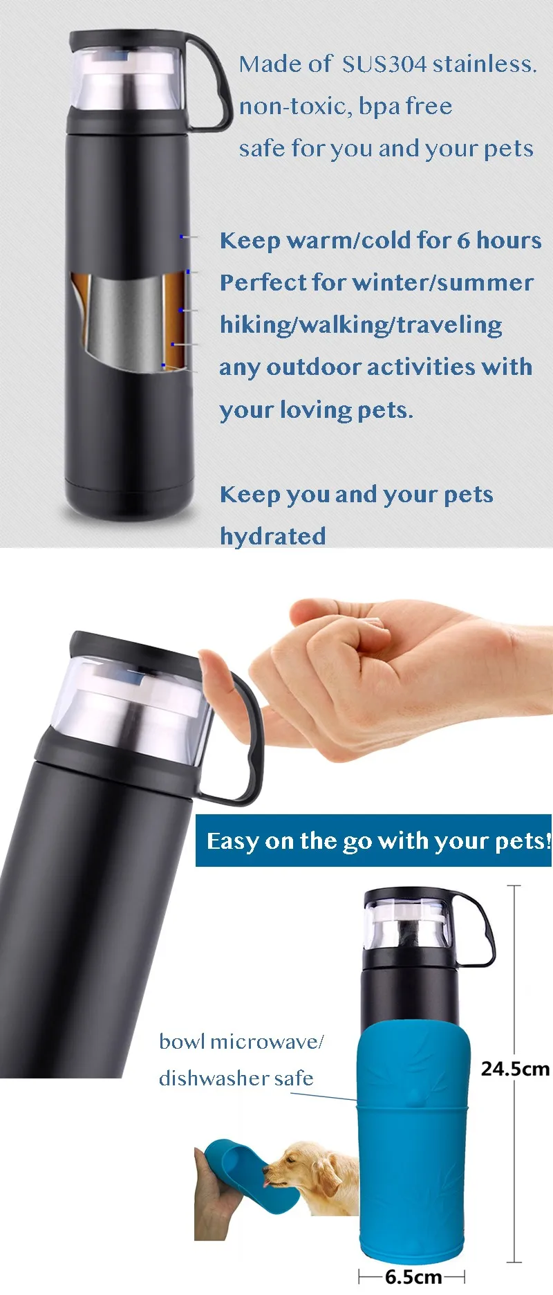 500ml Insulated Stainless Steel Bottle Travel Dog Water Bottle For Pets