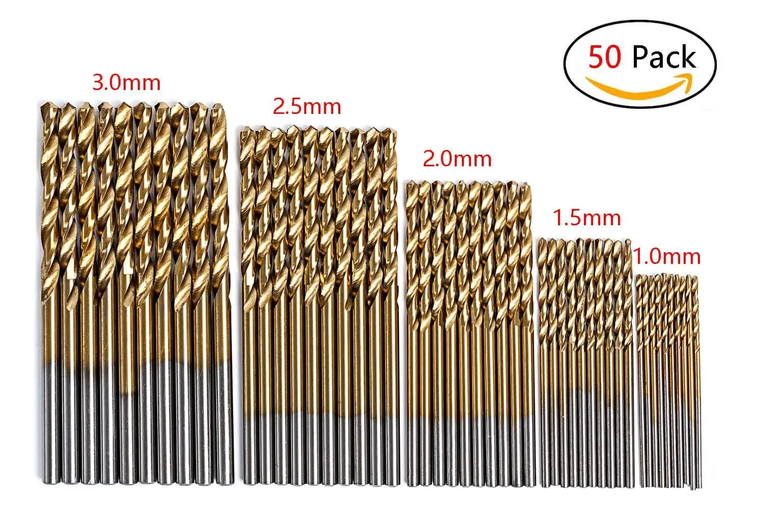50Pcs High Speed Steel Twist Drill Bit Set - Micro Precision 1/1.5/2/2.5/3mm 5 Sizes Titanium Coated Split Point Boring Bit Tools for Wood/Plastic/ Soft Metal by NIDAYE
