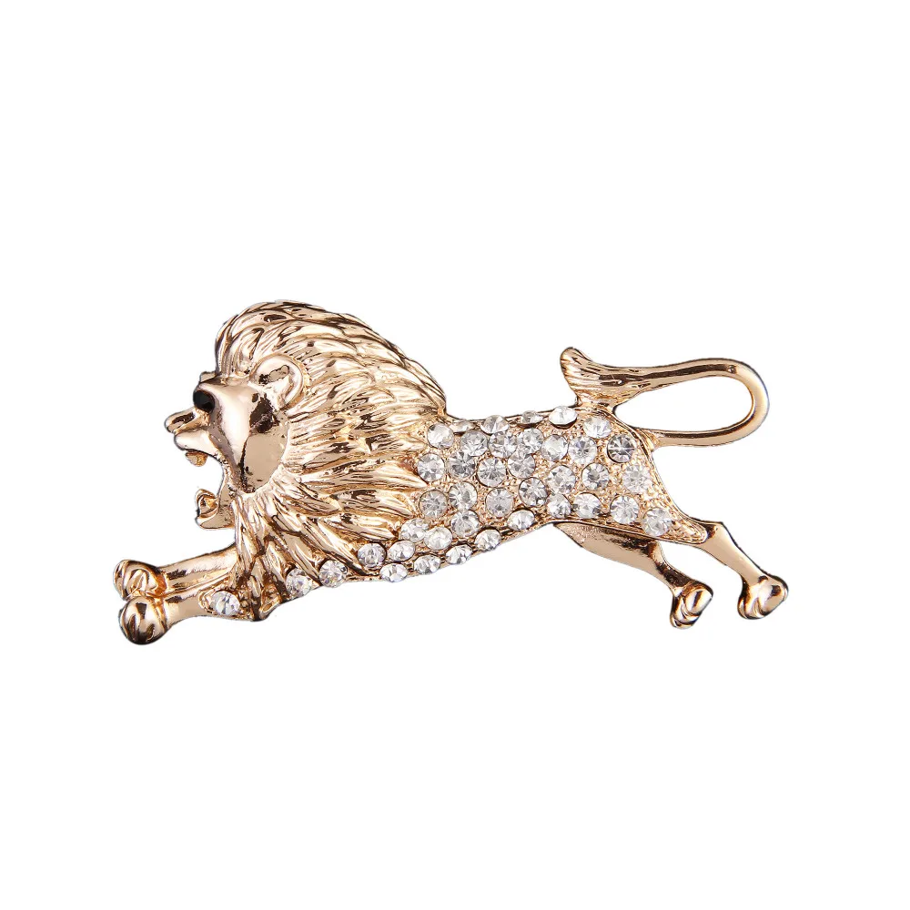 新合金饰品动物胸针男士玫瑰金色狮子水钻胸针别针