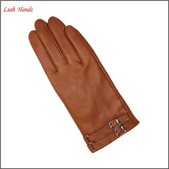 2017 new style women Brown sheepskin leather gloves with buckle