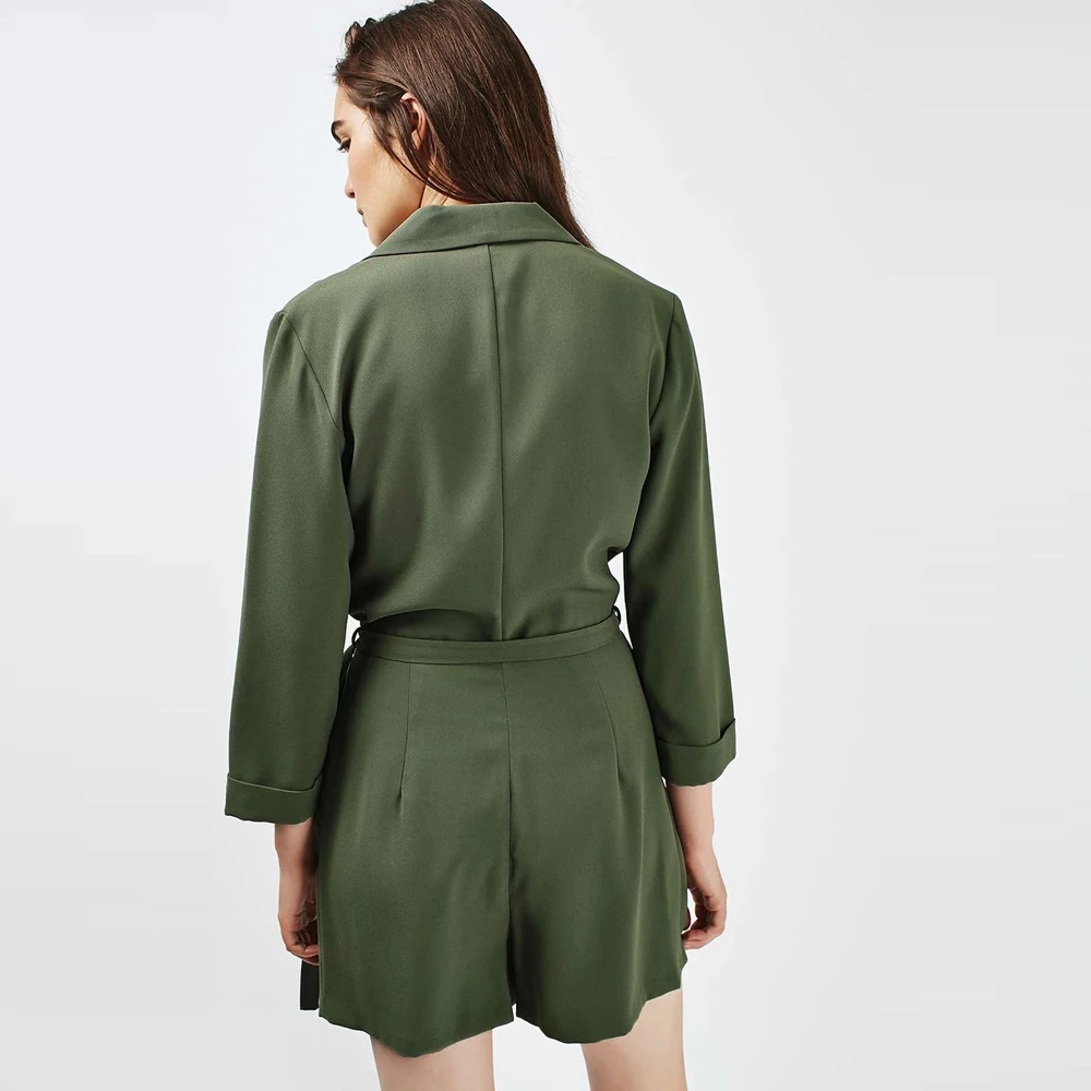 2017 女装连体衣实心绿色长袖深 v领套装抽绳优雅街头穿性感休闲连身