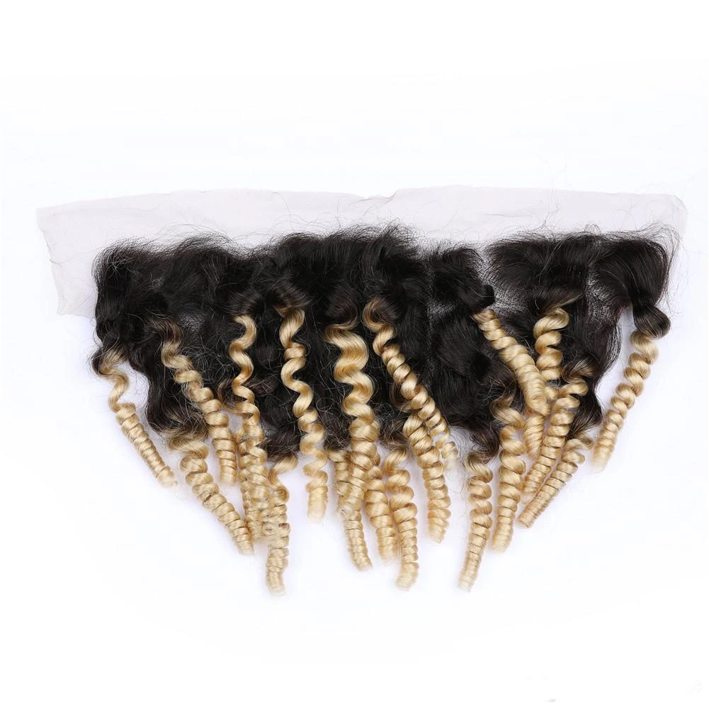 Wholesale brazilian ombre human hair funmi curly 1b 613 blonde bundles with frontal