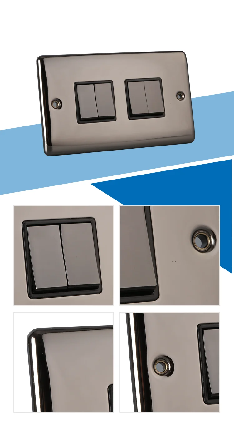 Hailar wall switch UK 4 gang 2 way modern polished black nickel wall light switch