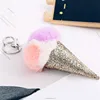 KC273 Ice cream shaped rabbit fur ball keychain custom made fake fur pom pom PU Ice Cream Keyring