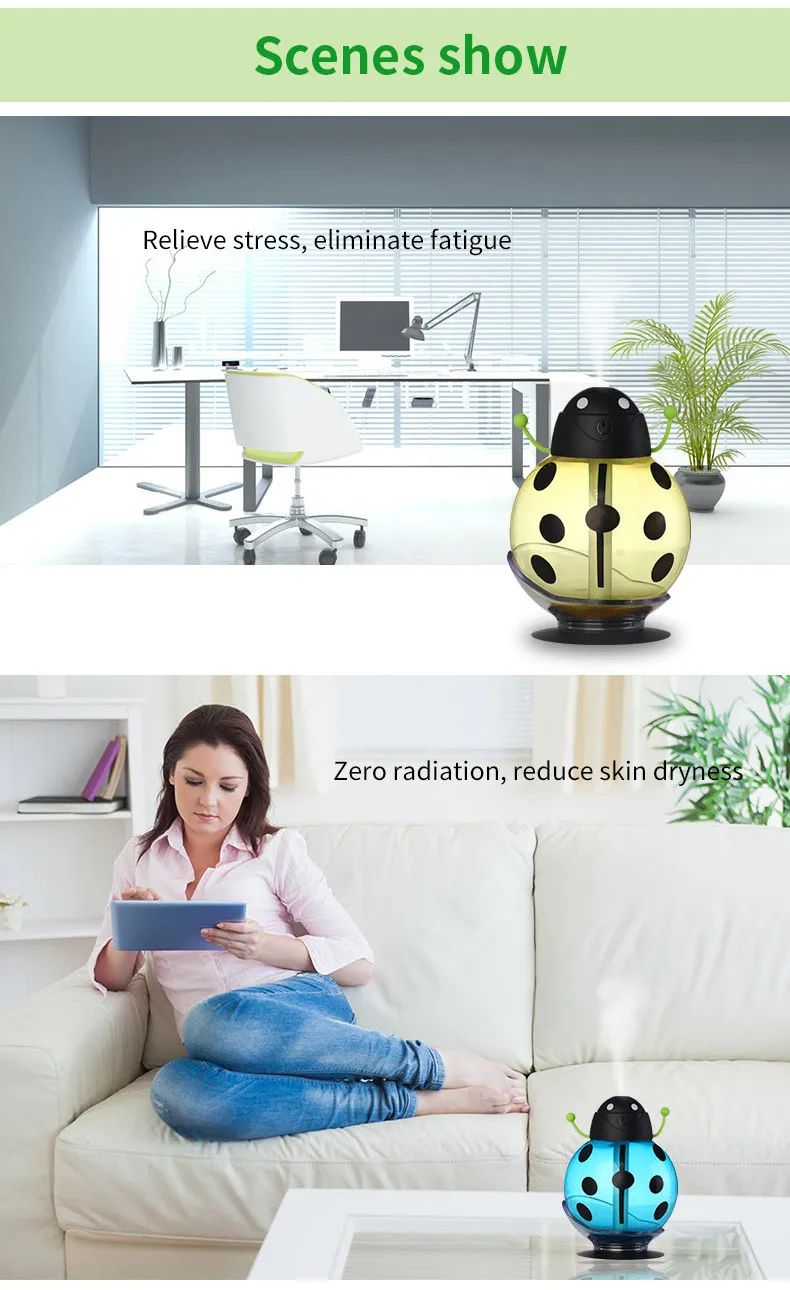 USB Powered Funny Beatle Home Car Aroma LED Humidifier Air Diffuser Purifier Atomizer Cartoon Design Creative