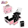 Pink Professional Cosmetic Case Makeup Storage Organiser Box Durable PU and Aluminum Frame with 3 Trays
