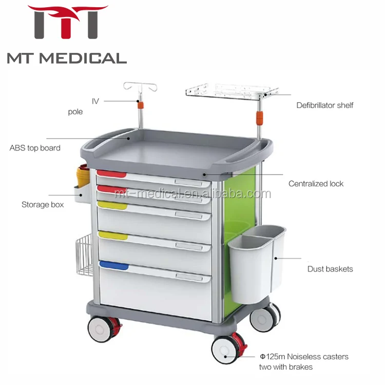 High Quality Hospital ABS Movable Emergency Trolley Cart