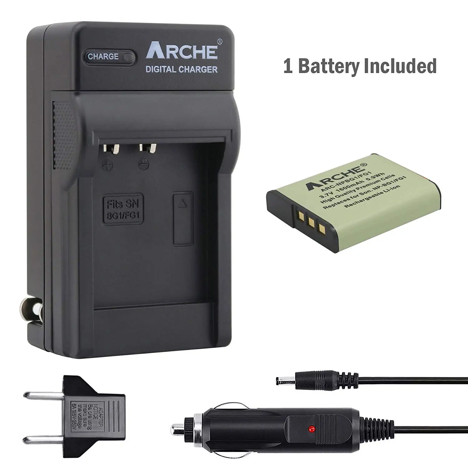 1200mAh 3.7V Lithium-Ion Replacement for Sony DSC-H20 Battery and Charger with Car Plug and EU Adapter Compatible with Sony NP-BG1 Digital Camera Batteries and Chargers