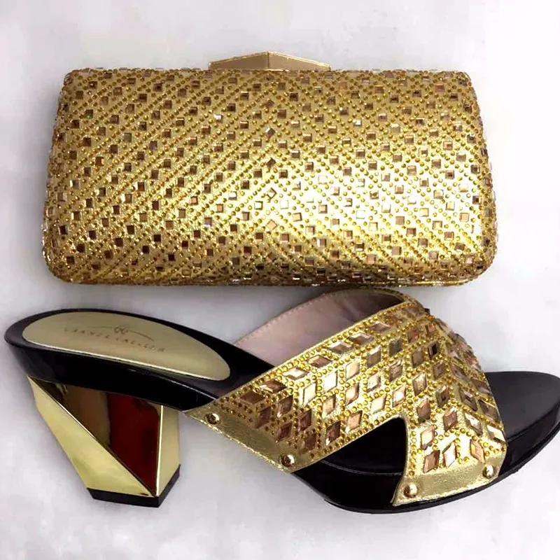 Gold African Shoe And Matching Bag With Rhinestone/italy New Design Shoe And Bag For Party
