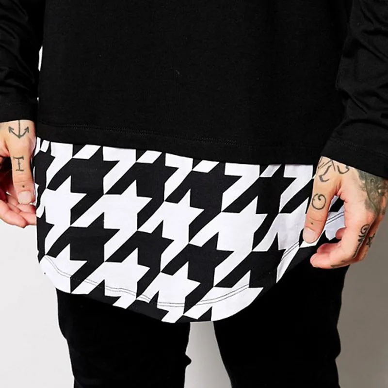 Long Sleeve Contrast Print Curved Hem Mens Fashion Longline T Shirt