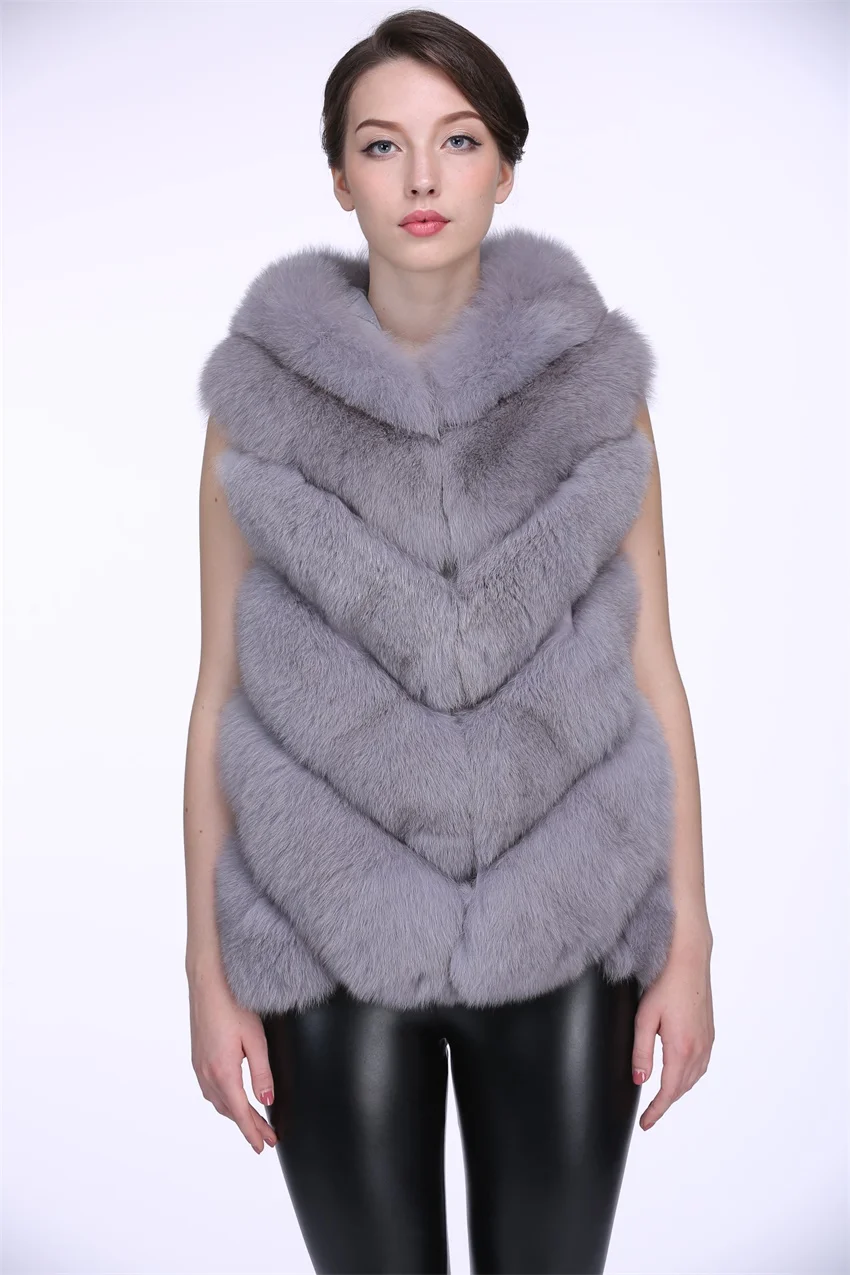 Popular design fashion fox fur parka with hood women's fox fur vest Faux fox fur jacket winter clothing