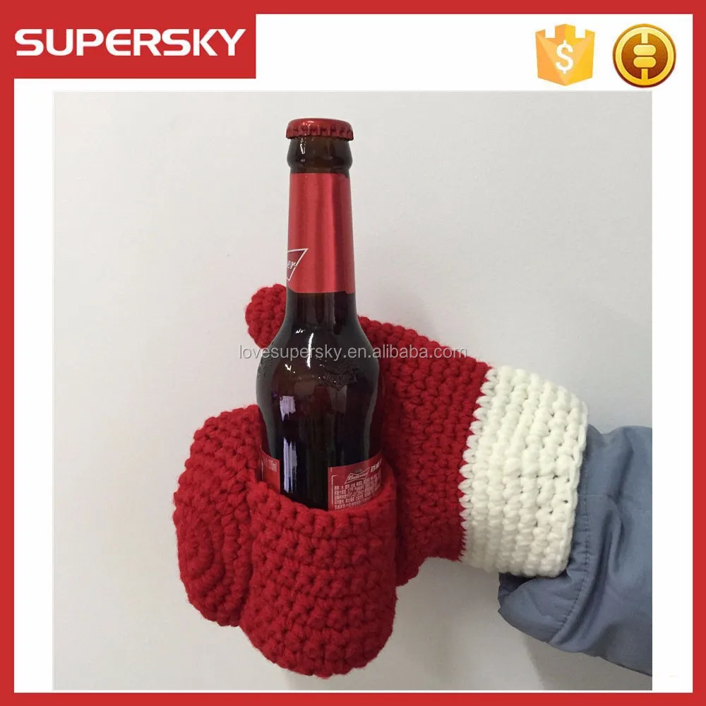 E59 Crochet Beer Mittens Koozie Mitten With The Drink Cozy Five Fingers