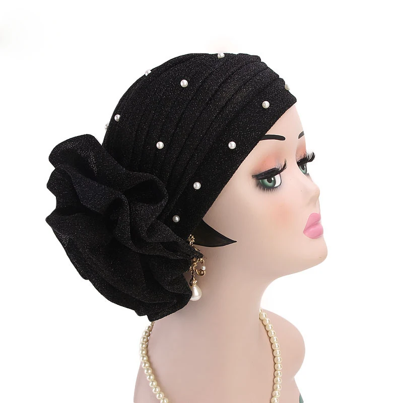 2019 Women Beaded Glitter Muslim Turban Hijab Big Flowers Headband For ...