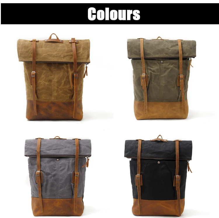 Outdoor design brand vintage water resistant unisex waxed canvas back pack satchel rucksack backpack bag with leather trim