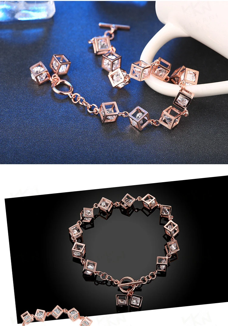 Zircon stone inside blocks 925 sterling silver chain bracelet