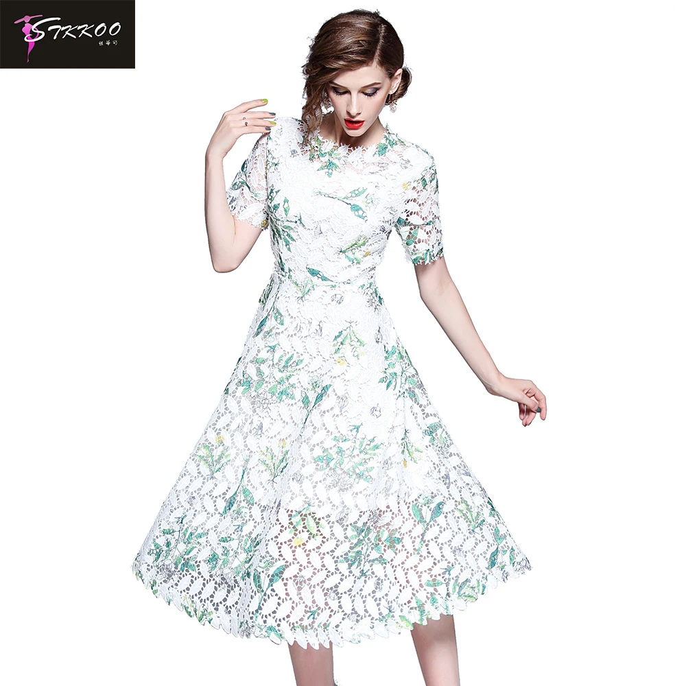 
Water Soluble Leaves Print Crochet Lace Dress 