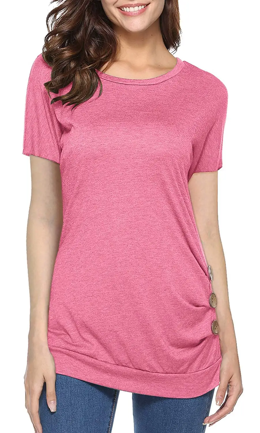 CEU Women's Short Sleeve Casual Tunic Buttons Decor Crew Neck T-Shirt