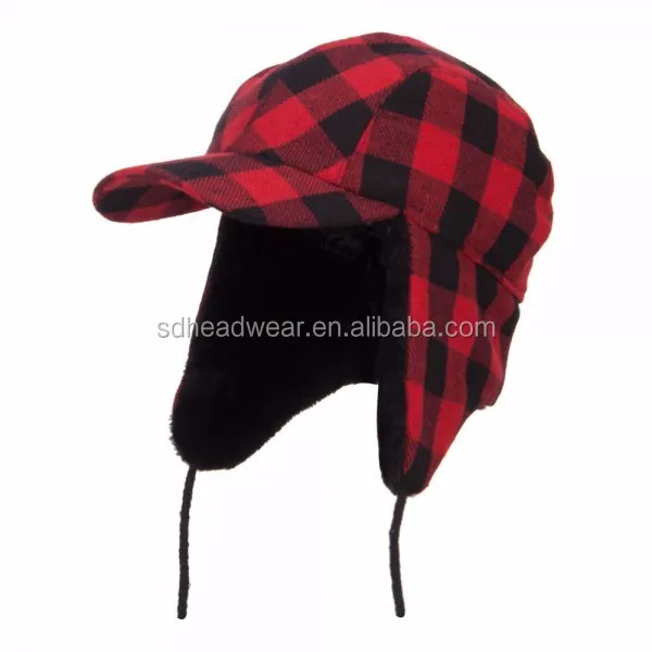 red checkered hat with ear flaps