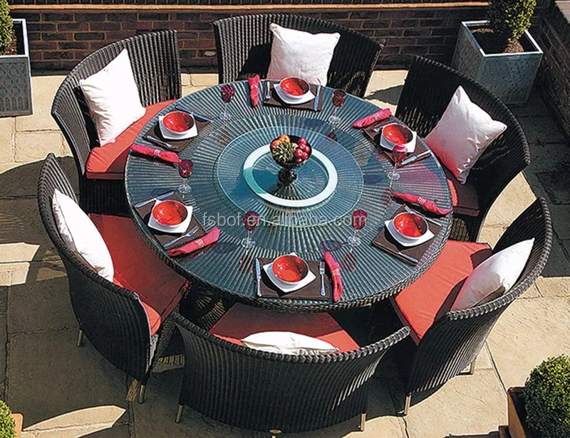 Outdoor Furniture Garden Black Rattan Chair Glass Top Dining Round