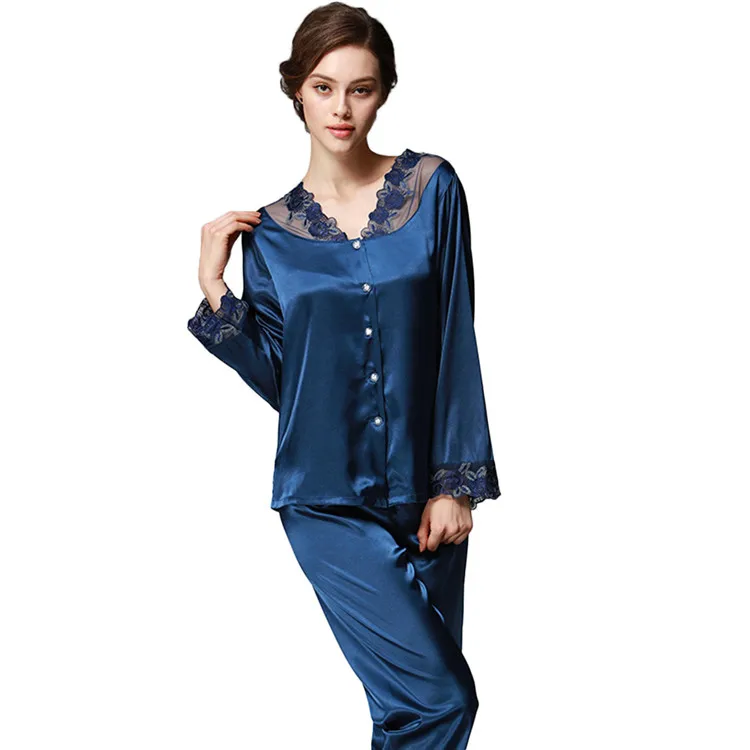 Wholesale Long Sleeve Pajamas Silk Lady Sexy Lace Pj Set Women Satin