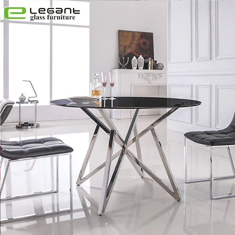 Modern Stainless Steel Base Round Glass Top Dining Table