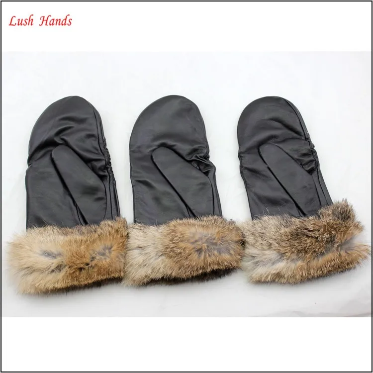2016 ladies wholesale genuine leather mittens with brown fur