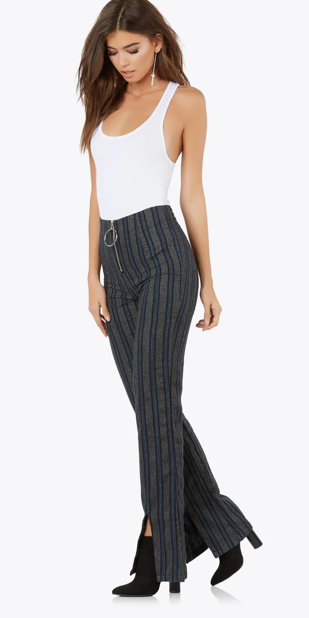 women wide leg pant high waist zipper front pants 100% cotton