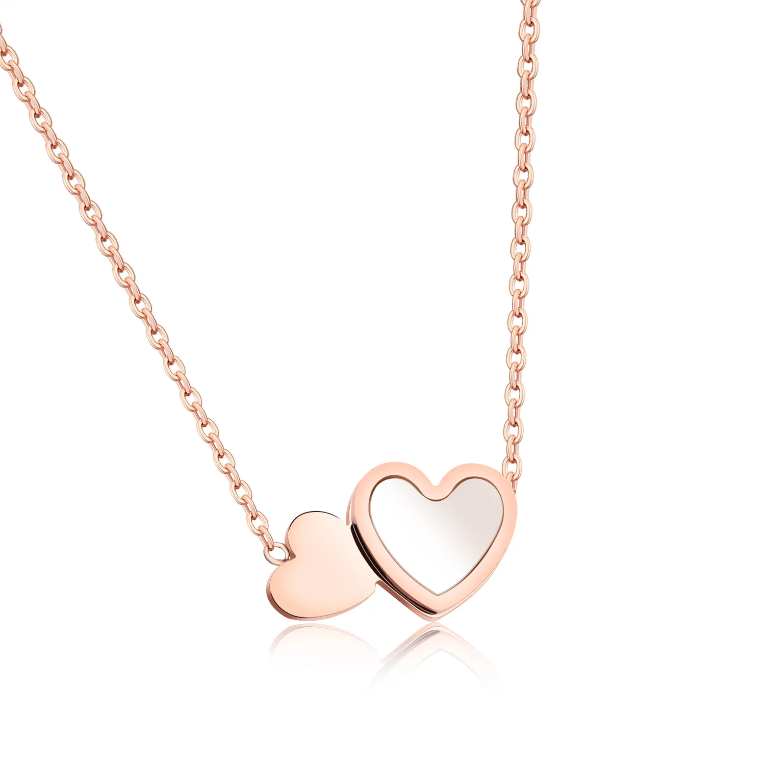Stainless Steel Women Double Heart necklace with Chain Silver or Rose Gold Plated