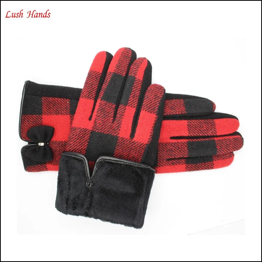 cheap women's Red and black plaid cloth and spandex velvet gloves with