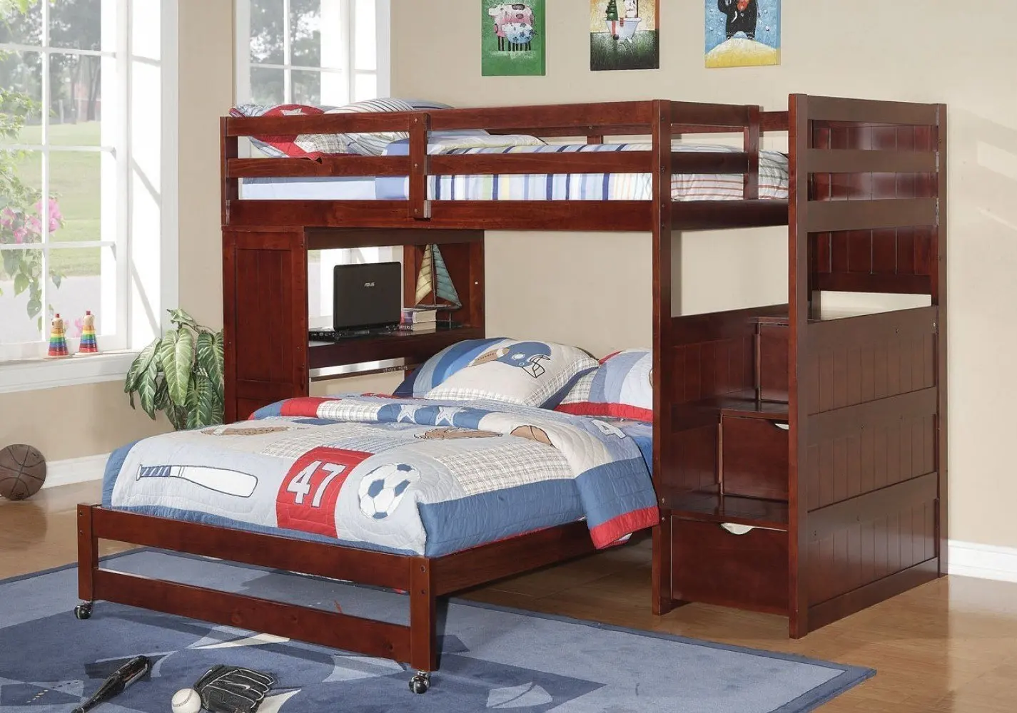 white bunk bed with desk underneath