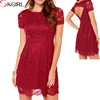 Round Neck open back short sleeve Slim package hip bottoming lace short red cocktail dress