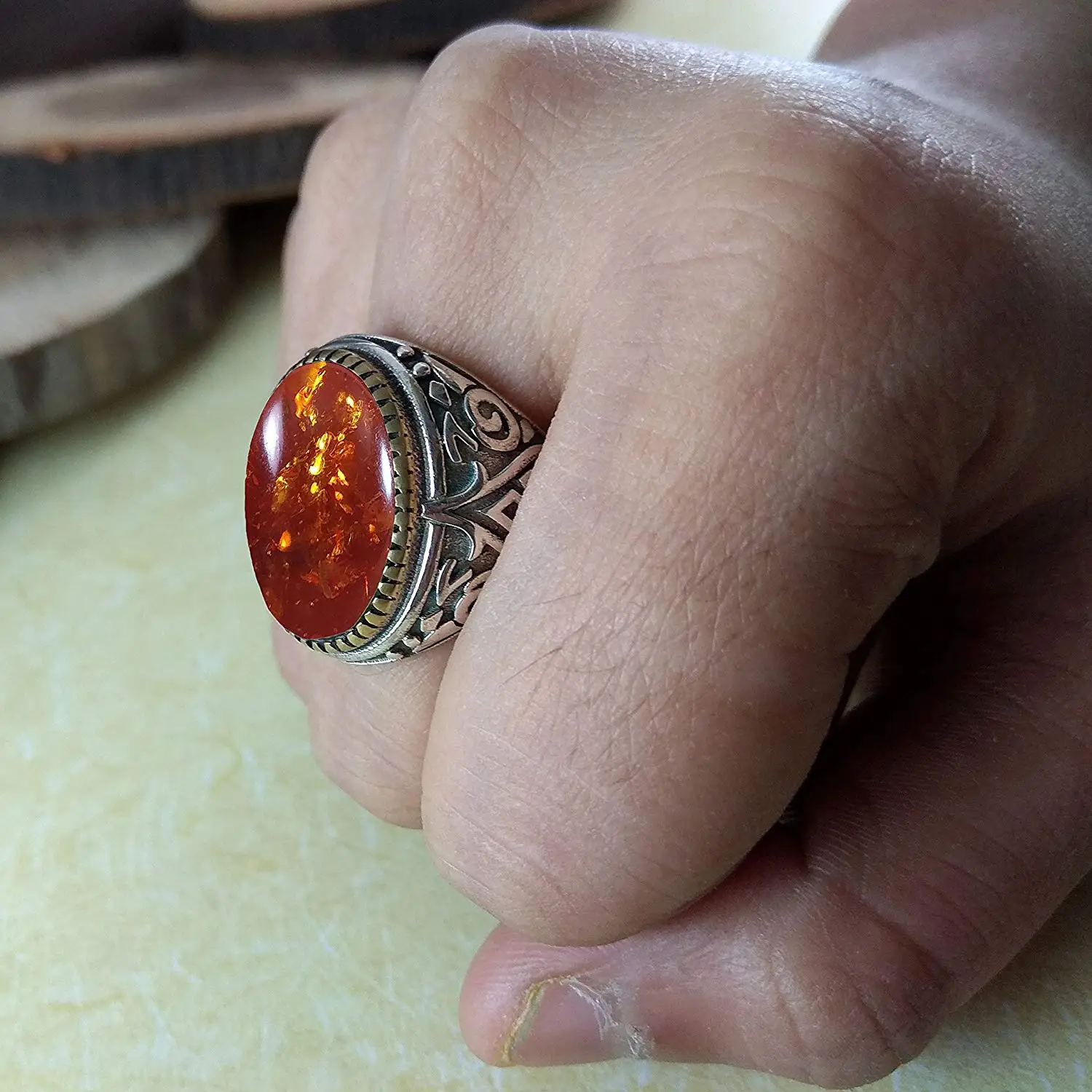 mens amber ring with insect