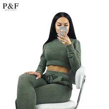 winter Women Two Piece Outfits Pants Set Rompers Jumpsuit Long Pants 2 Piece Set army green o neck Crop Tops Bodycon Palysuit