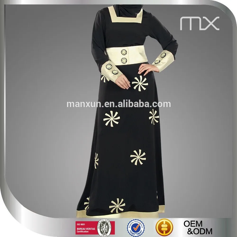 Elegan Bunga Hitam Kaftan Lengan Panjang Gaun Pesta Muslim Abaya