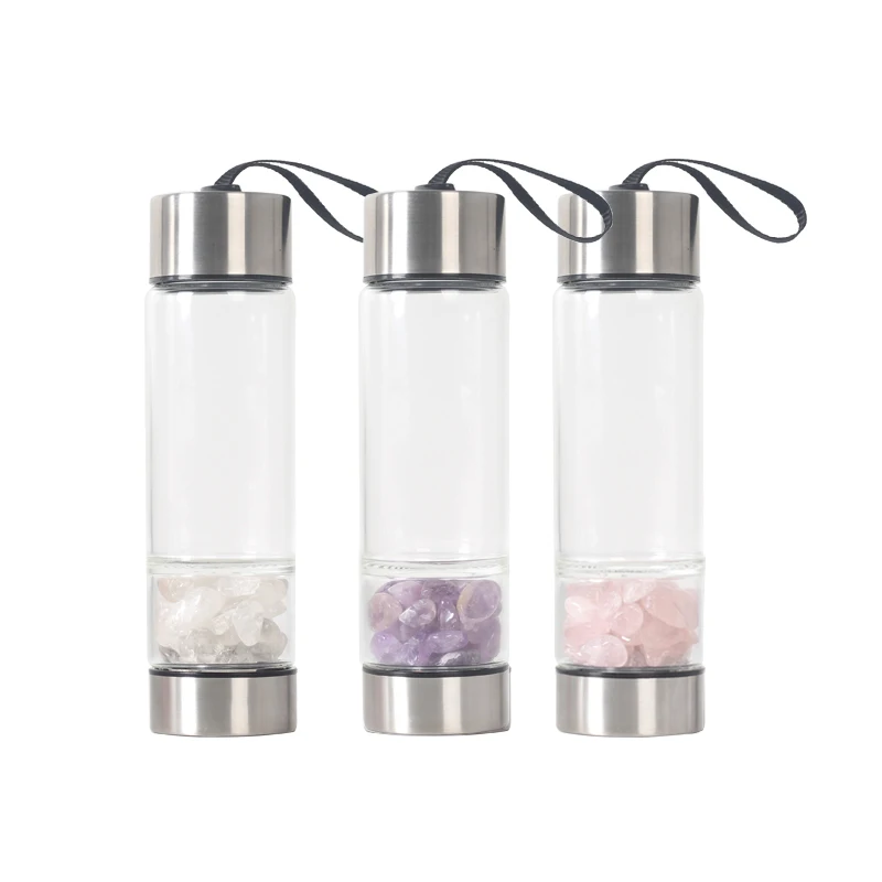 Natural Quartz Gemstone Gravel Crystal Glass Water Bottle With Crystal