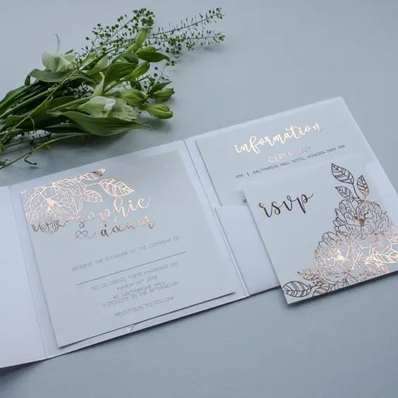 Most Beautiful Floral Printed Peach Pocketfold Wedding Invitations