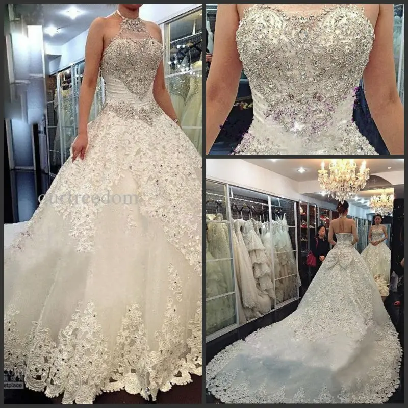 2014 Newest Luxury Wedding Dresses Halter Crystals Beads Backless