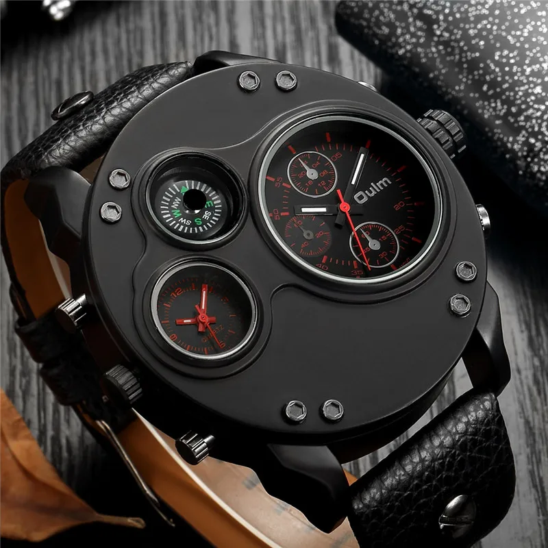 Oulm 3741 relógio de pulso masculino, relógio de quartzo esportivo para uso ao ar livre com pulseira de couro preto, marca de luxo