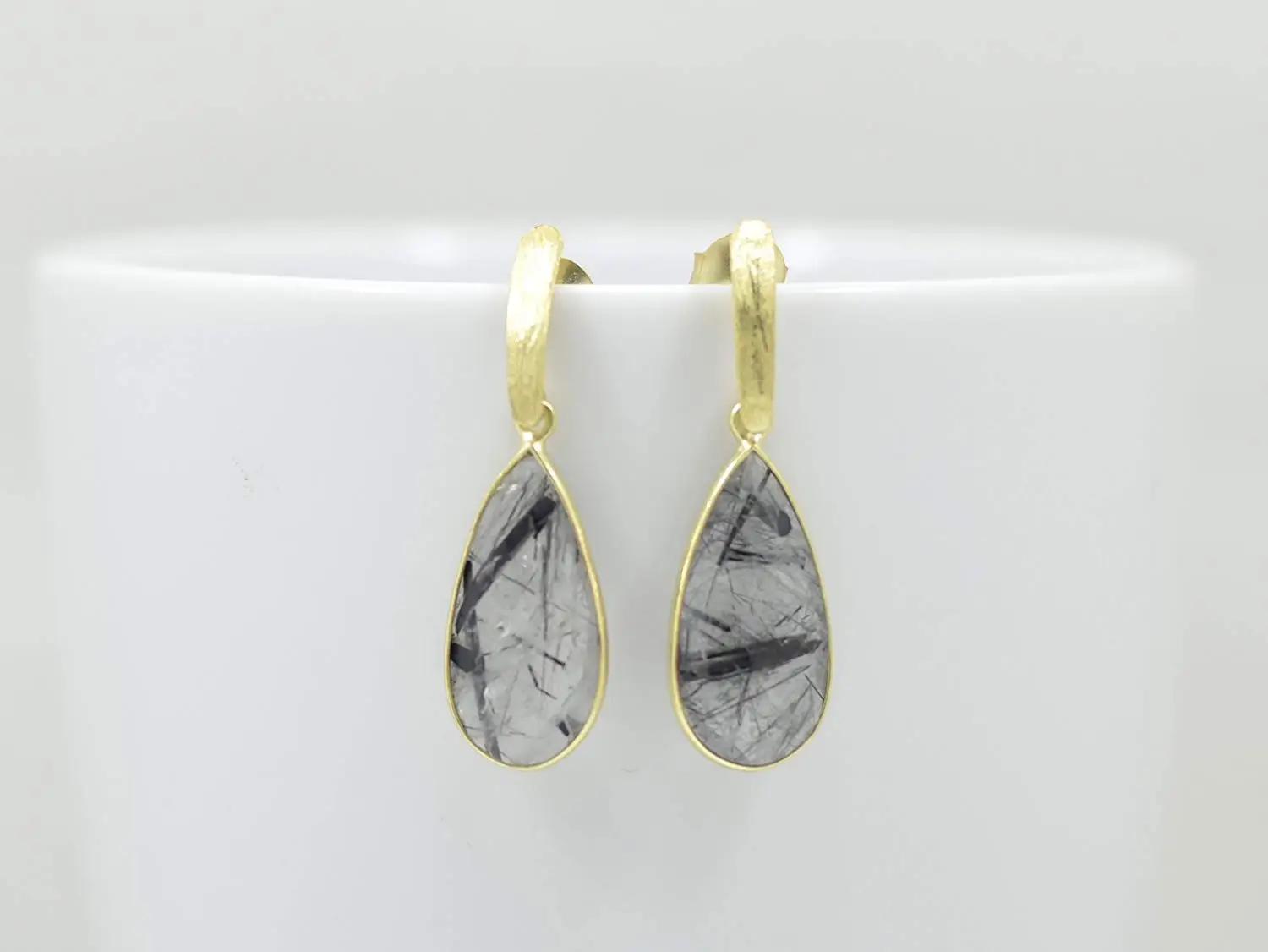 Black Rutile Quartz Earrings Gold, Teardrop Black Rutile Quartz Earrings Silver, Pear Drop Black Rutile Quartz Earrings, Black Gemstone Earrings