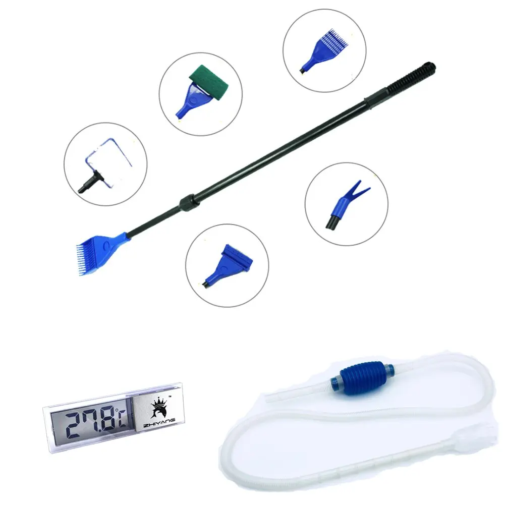 Aquarium Cleaner Fish Tank Clean Algae Scrapers Set 5 in 1 , Fish Tank Gravel Cleaner Siphon Vacuum for Water Changing and Sand Cleaner , Digital Aquarium Thermometer Fish Tank Water Terrarium Tempera
